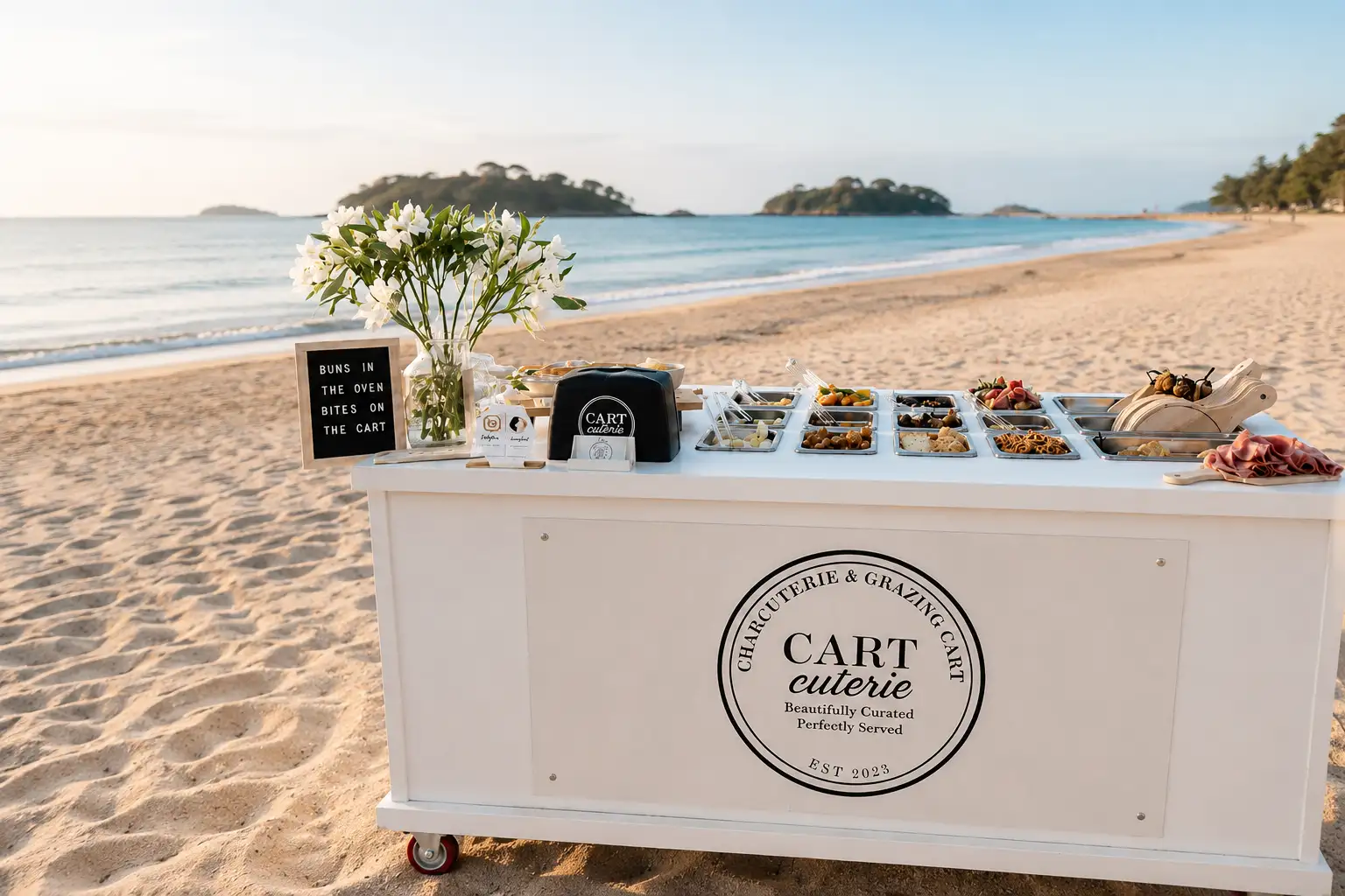 Coastal Cart Collective cart styled for an outdoor coastal celebration